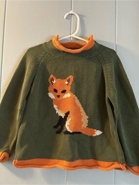 L.L. Bean Olive and Orange Fox Knit Sweater